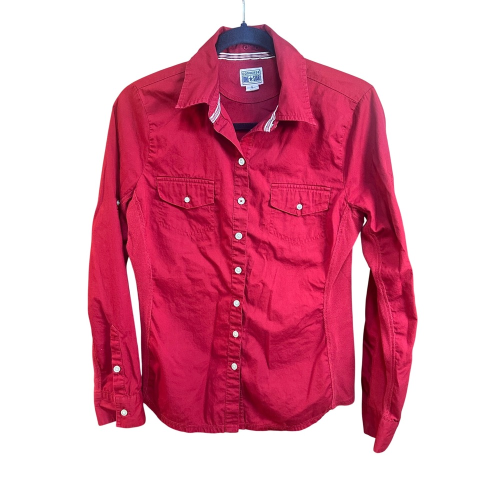 Converse One Star Womens Red Button Down Shirt Long Sleeve Ribbed Side Panels M
